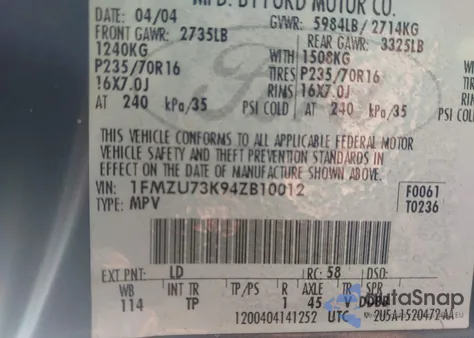 2004 Ford Explorer Nbx/Xlt z USA, uszkodzony, nr VIN 1FMZU73K94ZB10012